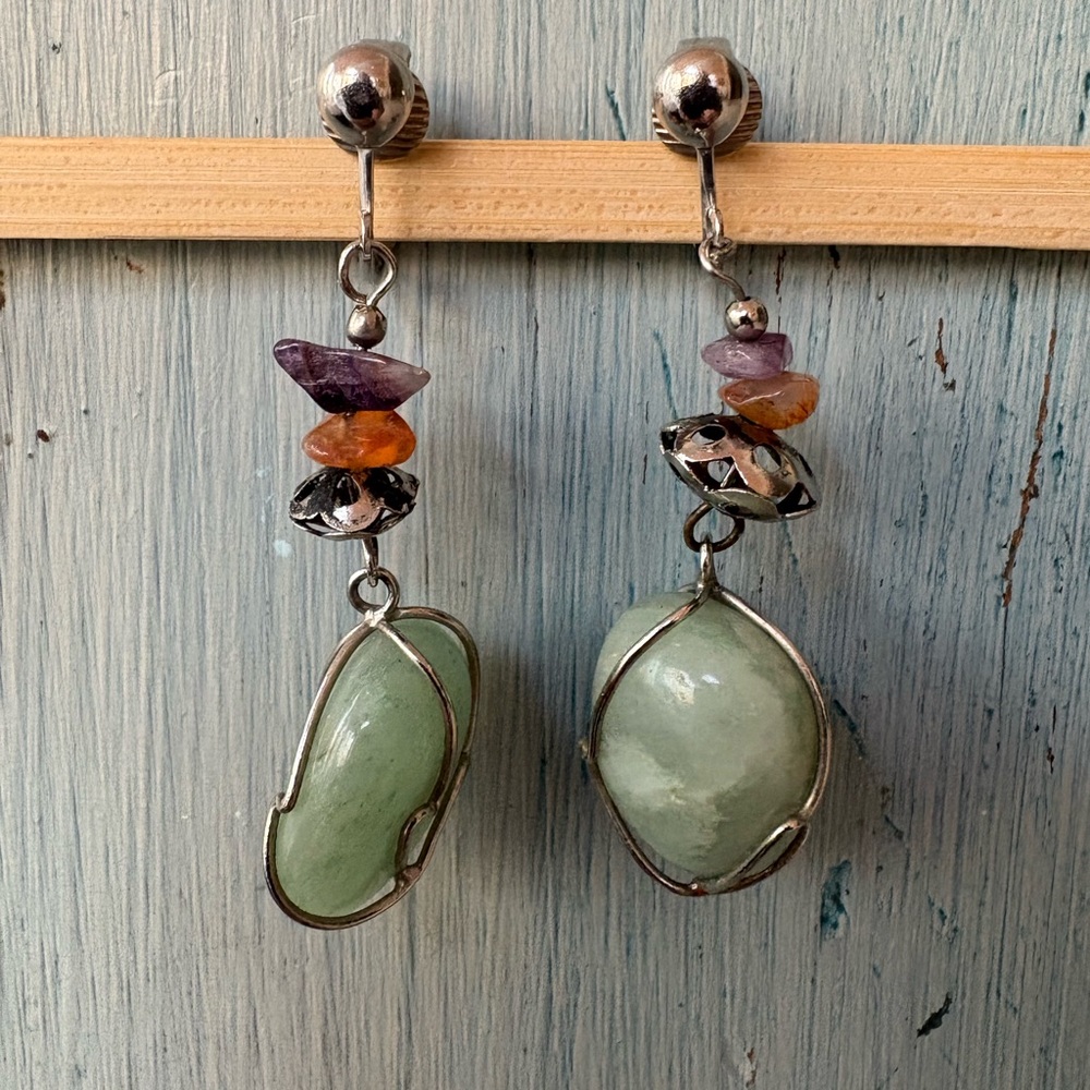 Silver and Green Stone Dangle Earrings - Picture 6 of 8